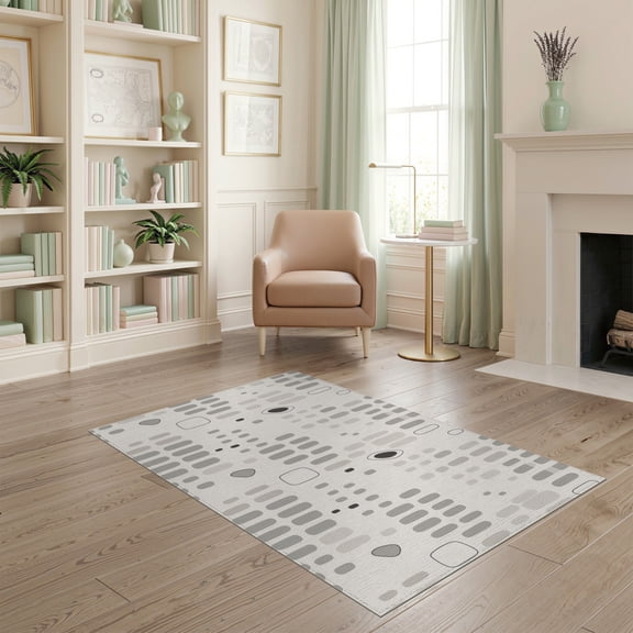 ODIKA 4'x6' Gray Beige Abstract Pebble Stone Washable Area Rug Contemporary Scattered Oval Motifs with Modern Stain Resistant, Low Pile, Easy Care for Dorm Room, Small Living