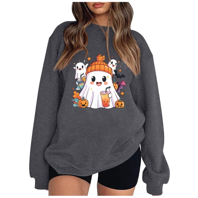 Pisexur Chandail d'Halloween pour Femmes en Molleton Orange Chandail à Manches Longues Col Rond Chandails de Mode avec Motif Citrouille Chandails à Capuche d'Halloween Hauts à Enfiler