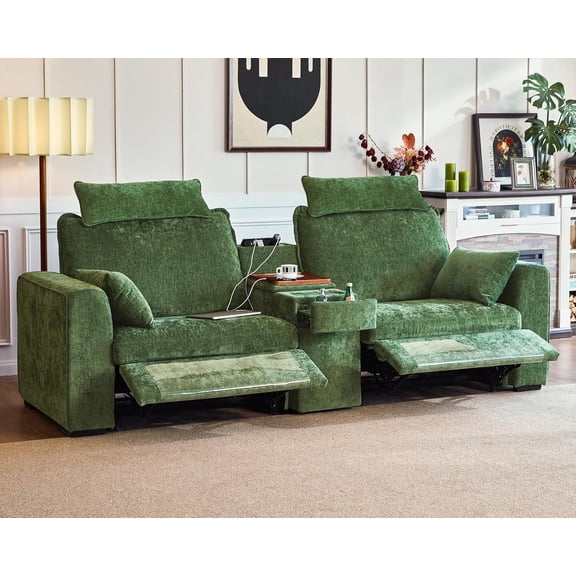 BEDEEP 103'' Power Reclining Loveseat Sofa with Console, Chenille 2-Seater Recliner Sofa with Wireless Charger, USB, Cup Holder, Headrest, Drawer for Living Room RV, Green