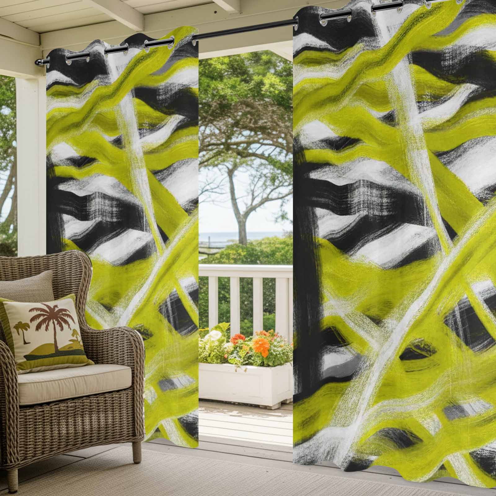 Abstract Yellow Waves Outdoor Curtains for Patio, Modern Minimalist Yellow Black White Crossed Lines Sunshade Privacy Drapes Grommet Waterproof Outside Curtains for Porch Balcony 54"x108", 1 Panel