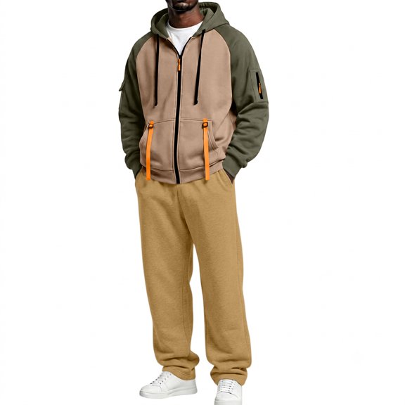 Delconic Mens Fleece Lined Hoodie and Straight Leg Pants Set Relaxed Fit Zip Front Long Sleeve Casual Two Piece Tracksuit Army Green L