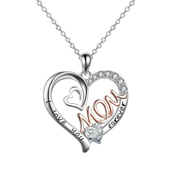 Silver Love Heart Mom Pendant Chain Necklace Cubic Zircon Mum Mothers Day