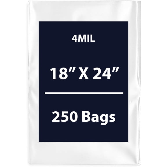 Clear Flat Poly Bags, 4Mil 18" X 24" & 250 Bags | Low-Density Polyethylene (LDPE), Flat Open Top Plastic Packaging Packing | Flexible and Durable Plastic Bags