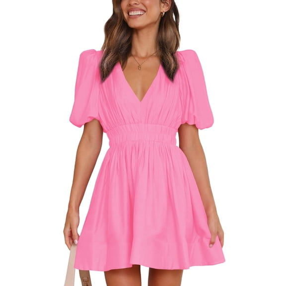 Women 2026 Summer Mini Dress Puff Short Sleeve Sexy V Neck A Line Elastic High Waist Flowy Swing Dresses