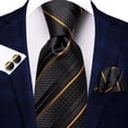 thumbnail image 2 of Hi-Tie Black Gold Stripe Ties for Men Jacquard Silk Necktie Handkerchief Cufflinks Set for Formal Business Party Prom, 2 of 7