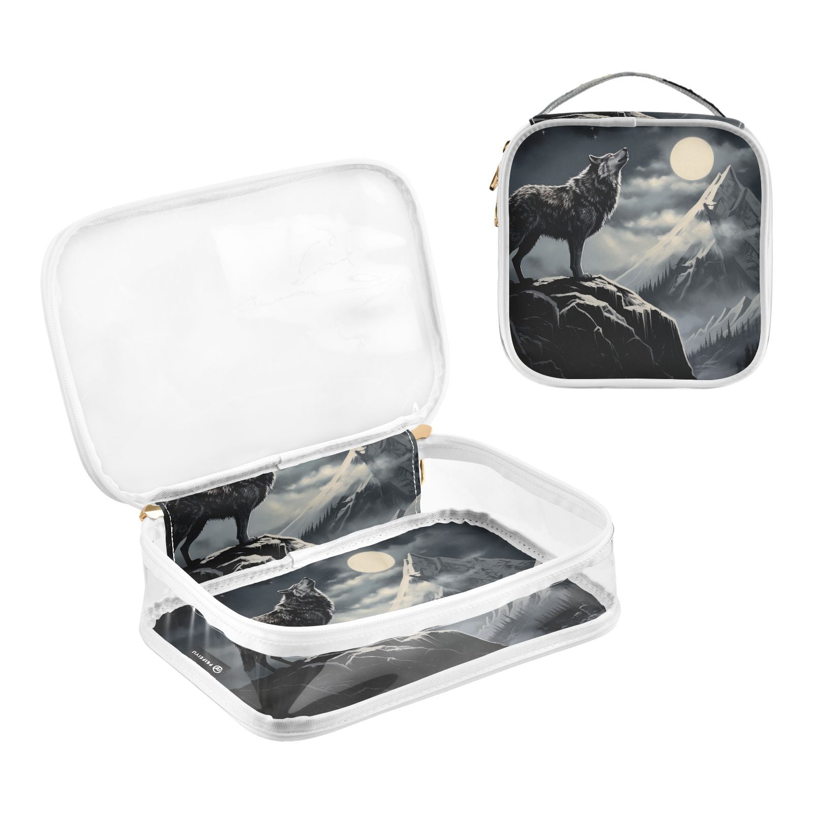 Clear Makeup Bags with Handle Large Opening 2 Pack Set Toiletry Bag Quart Size Bag, for Women Man Traveling Travel Essentials, Toiletries and Other. Wolf