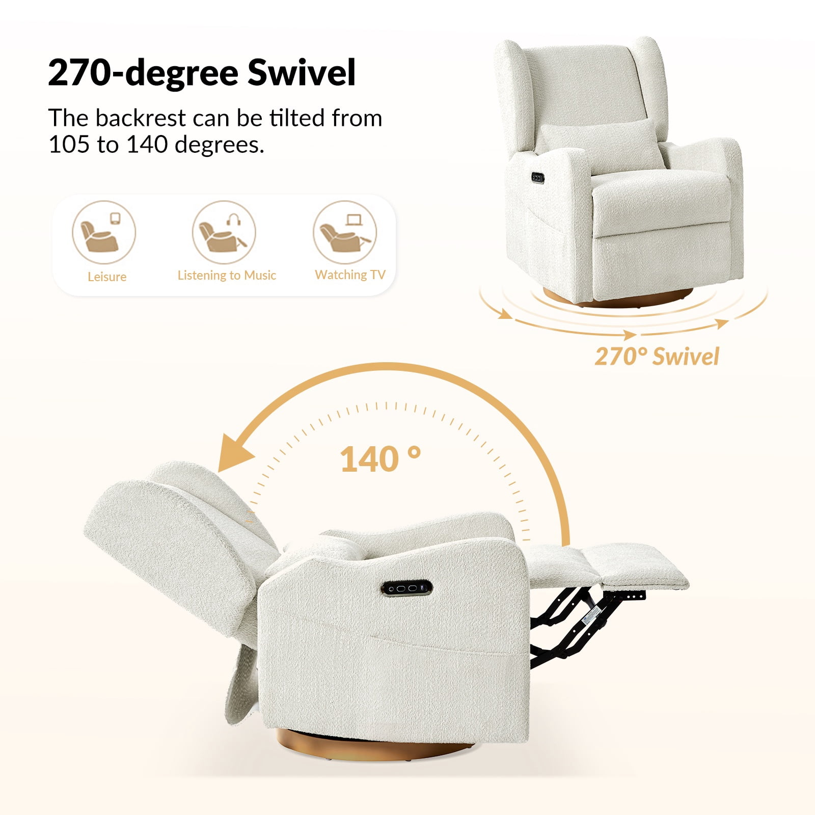 Tina's Home Electric Power Glider Swivel Nursery Recliner Chair Wingback with USB, Waterproof Stain-resistant for Baby Feeding & Living Room Ivory