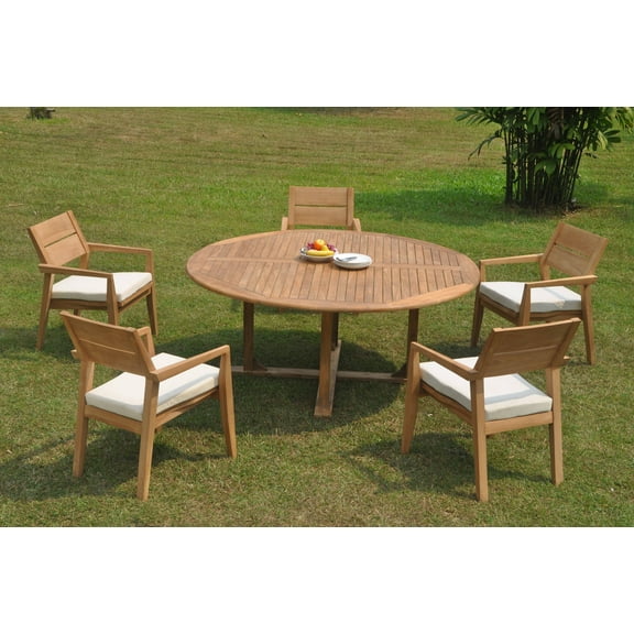Grade-A Teak Dining Set: 5 Seater 6 Pc: 72" Round Table And 5 Vellore Stacking Arm Chairs Outdoor Patio WholesaleTeak #WMDSWVm