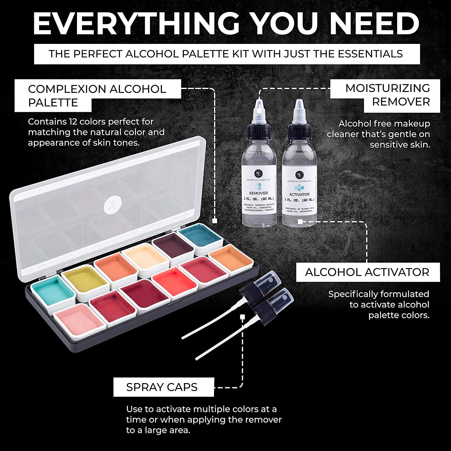 Narrative Cosmetics Complexion Alcohol-Activated Palette, Activator, and Remover Kit, Professional SFX Makeup Set