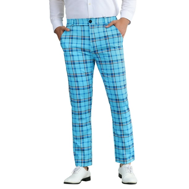 Pantalones de traje de hombre de corte regular de cuadros Inspire Chic, con frente plano y cintura elástica, 28 Azul Brillante