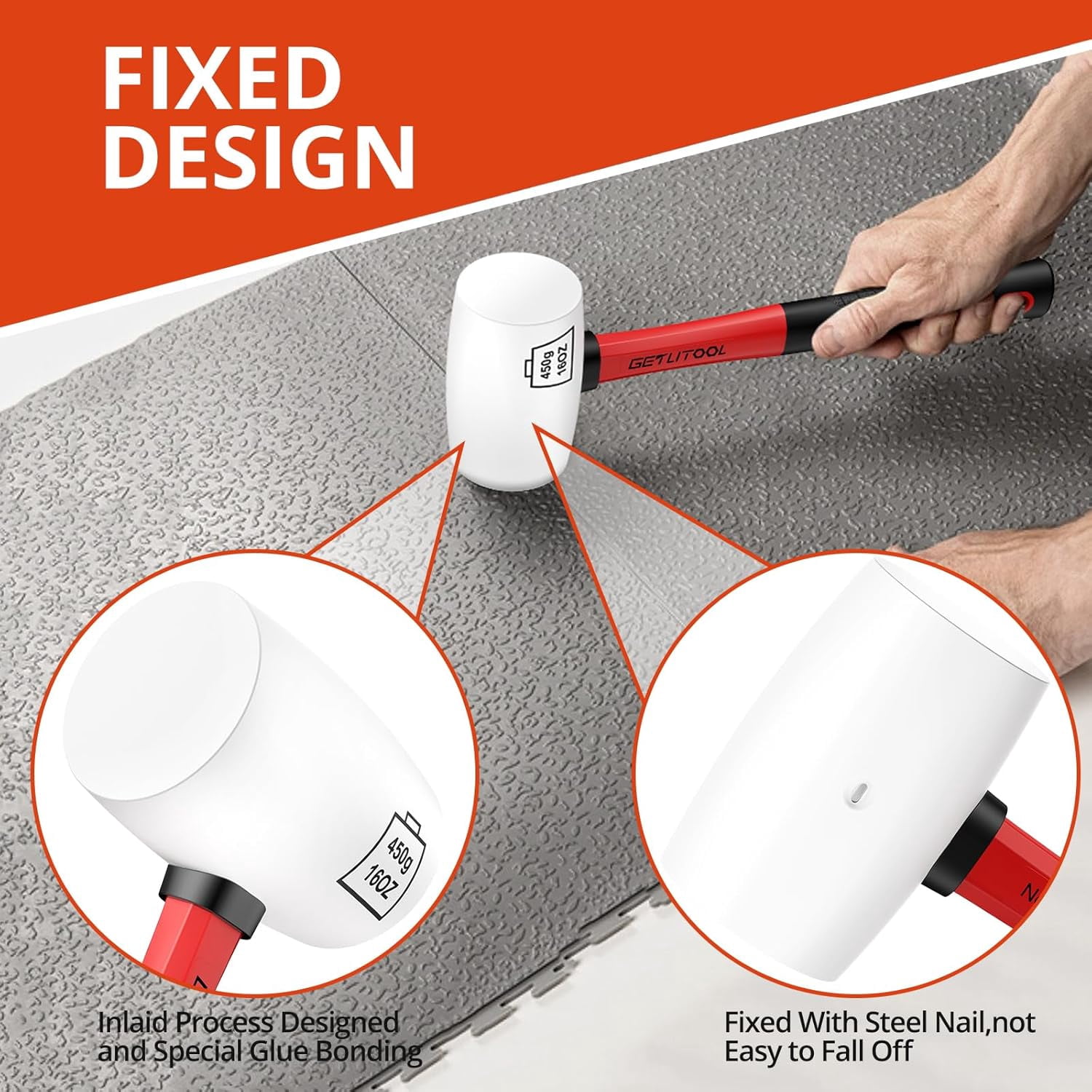 GETLITOOL Rubber Mallet Black/White 16oz, Non-Marking Rubber Mallet Hammer ⌀=55mm with Two Sides, Rubber Hammer with Non-Slip Fiberglass Handle for Camping, Flooring/Tiles Install, Woodworking