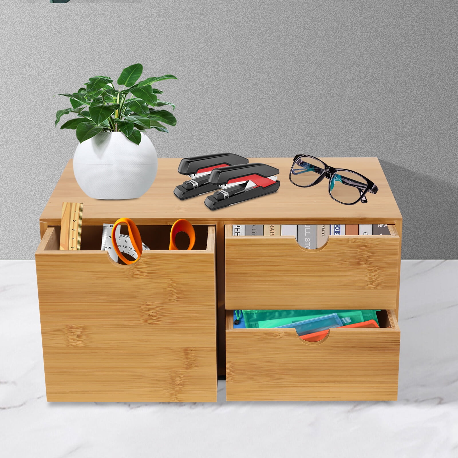 ToppiJoy 3 Drawer Bamboo Desk Organizer, Countertop Desktop Storage, Tabletop Storage Organization Box for Office Home Toiletries Supplies