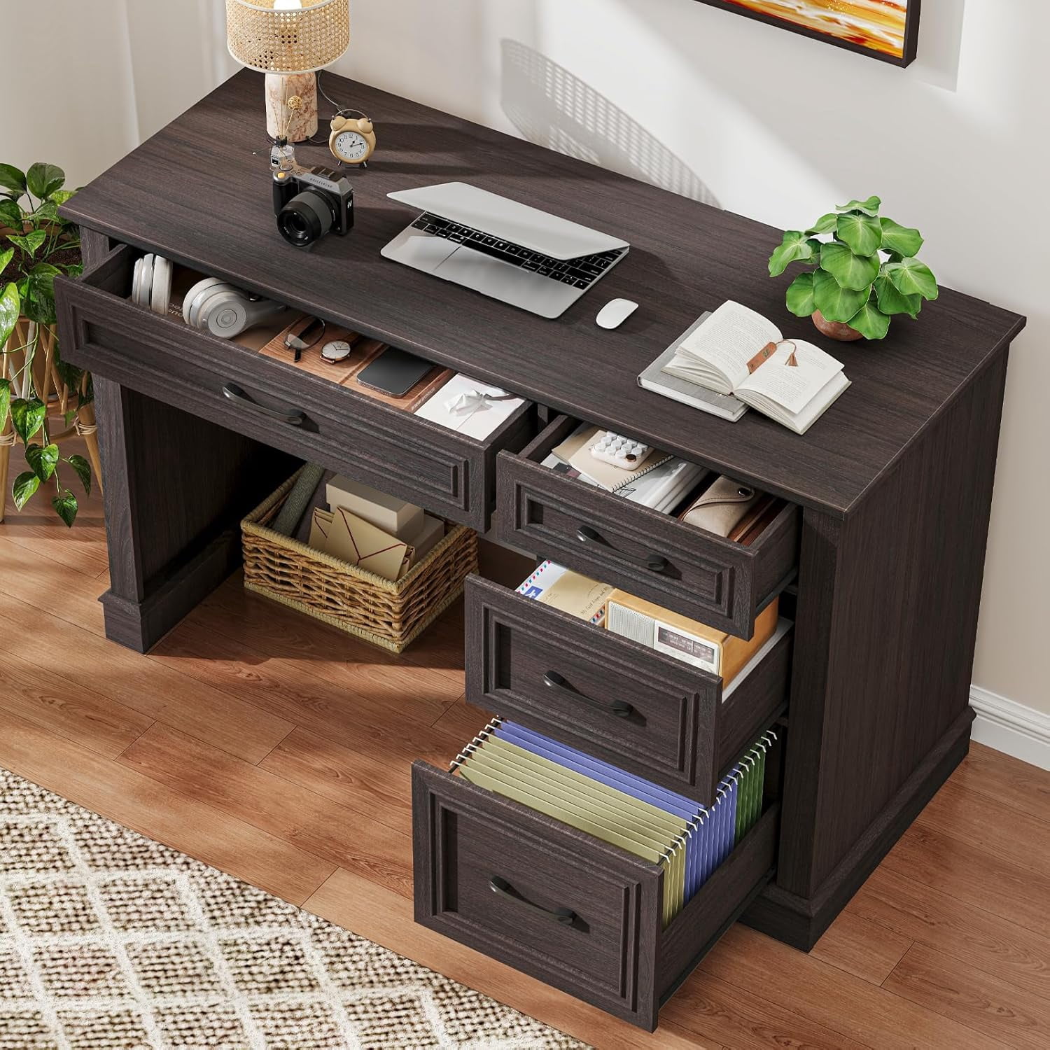 Halitaa Farmhouse 47" Executive Desk with File Drawer, Computer Desk with 4 Drawers, Workstation for Study, Home Office, Writing, Espresso.