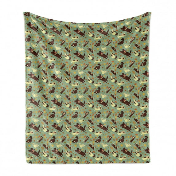 Autumn Soft Flannel Fleece Throw Blanket, Continuous Cartoon Design Repeated Puppies Chasing Playing Art, Cozy Plush for Indoor and Outdoor Use, 50" x 70", Almond Green and Multicolor, by Ambesonne