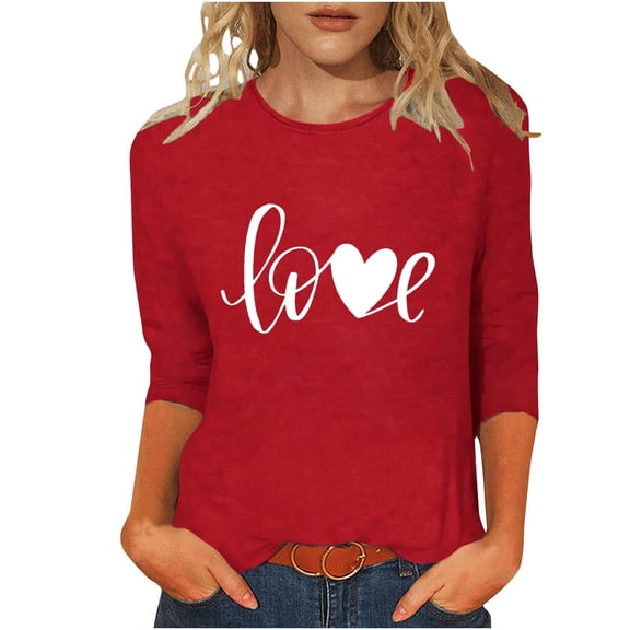 Levmjia Womens Tops Sweatshirts Valentine Print Solid Color Round Neck Loose Long Sleeve T-Shirt Breathable Comfortable Holiday Work Commute Home Casual Wear