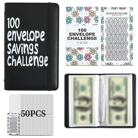 100 Envelope Savings Challenge Binder A6 with 50 Clear Pockets Flower Tracker Elastic Closure, Black