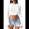 thumbnail image 3 of Tops Cortos de Larga para Mujer 2025 - Camisetas Básicas de Cuello Redondo y Corte Entallado para Otoño L, 3 of 8