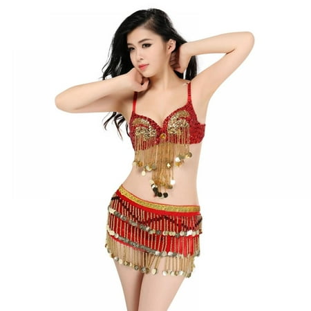 

Promotion! Women s Belly Dance Costume Fringe Bra Hip Scarf Set