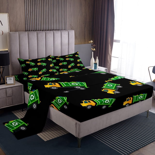 Erosebridal Cartoon Vehicle Sheet Set Full, Garbage Car Bedding Sets Full Size, Trash Truck Decor