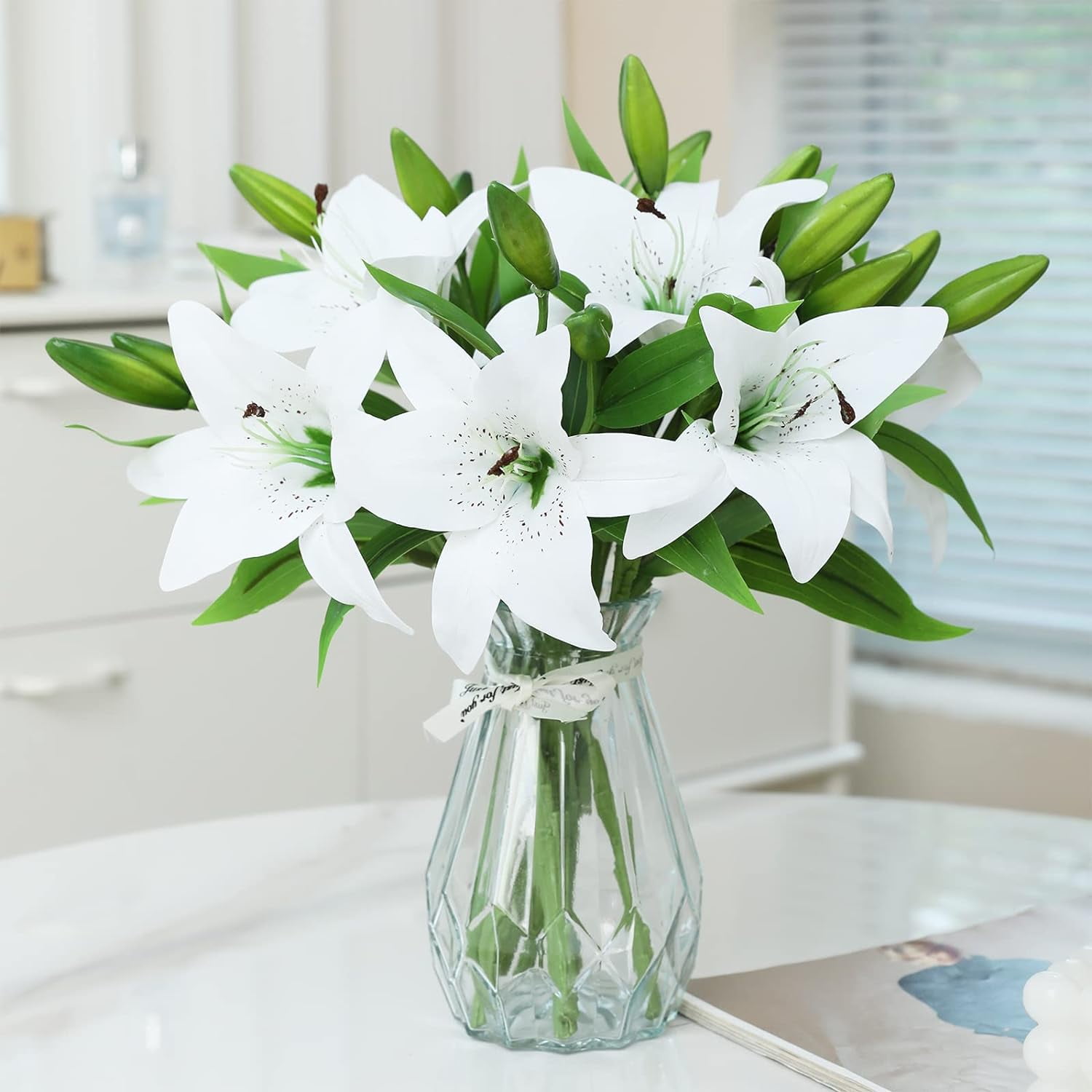 Artificial Tiger Lily Real Touch Lily Easter Lily Fake Spring Flowers for Wedding Home Party Easter Decoration Plastic Lily Faux Flowers (White, 8)