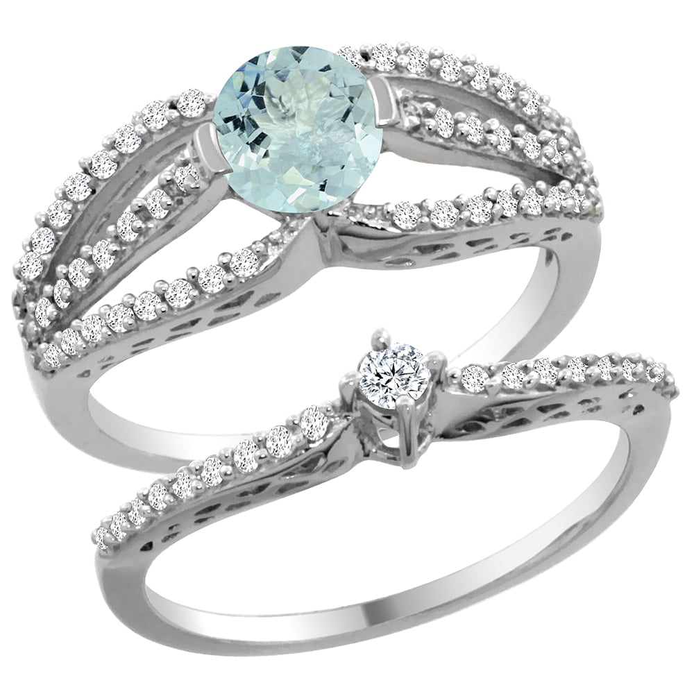 14K White Gold Natural Aquamarine 2-piece Engagement Ring Set Round 5mm, size 5.5 by Gabriella Gold