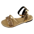 thumbnail image 5 of Rokment Women's Bling Sequin Flat Dressy Sandals Metallic Glitter Braided Leather Open Toe Ankle Strap Low Heels Comfortable Walking Summer Shoes Beach Gold Size 6.5, 5 of 5