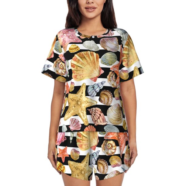 Fotbe Sea Shell Conjunto de Pijama Estampado para Mujer, 2 Piezas, Ropa de Dormir con Camiseta de Manga Corta y Shorts Suaves-Large