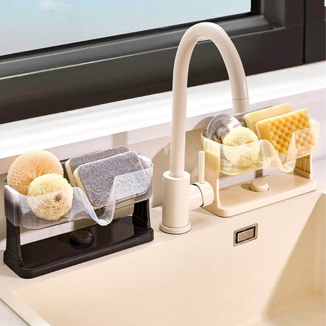 Estante de almacenamiento con ventosa para el fregadero de cocina – Soporte para la encimera para esponjas, fregadoras, paño de lavaplatos, cepillos – Diseño de drenaje, montaje sin taladro