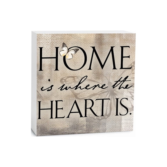 Home Where Heart Is Cream Butterfly 5 x 5 Wood Tabletop Sign Plaque