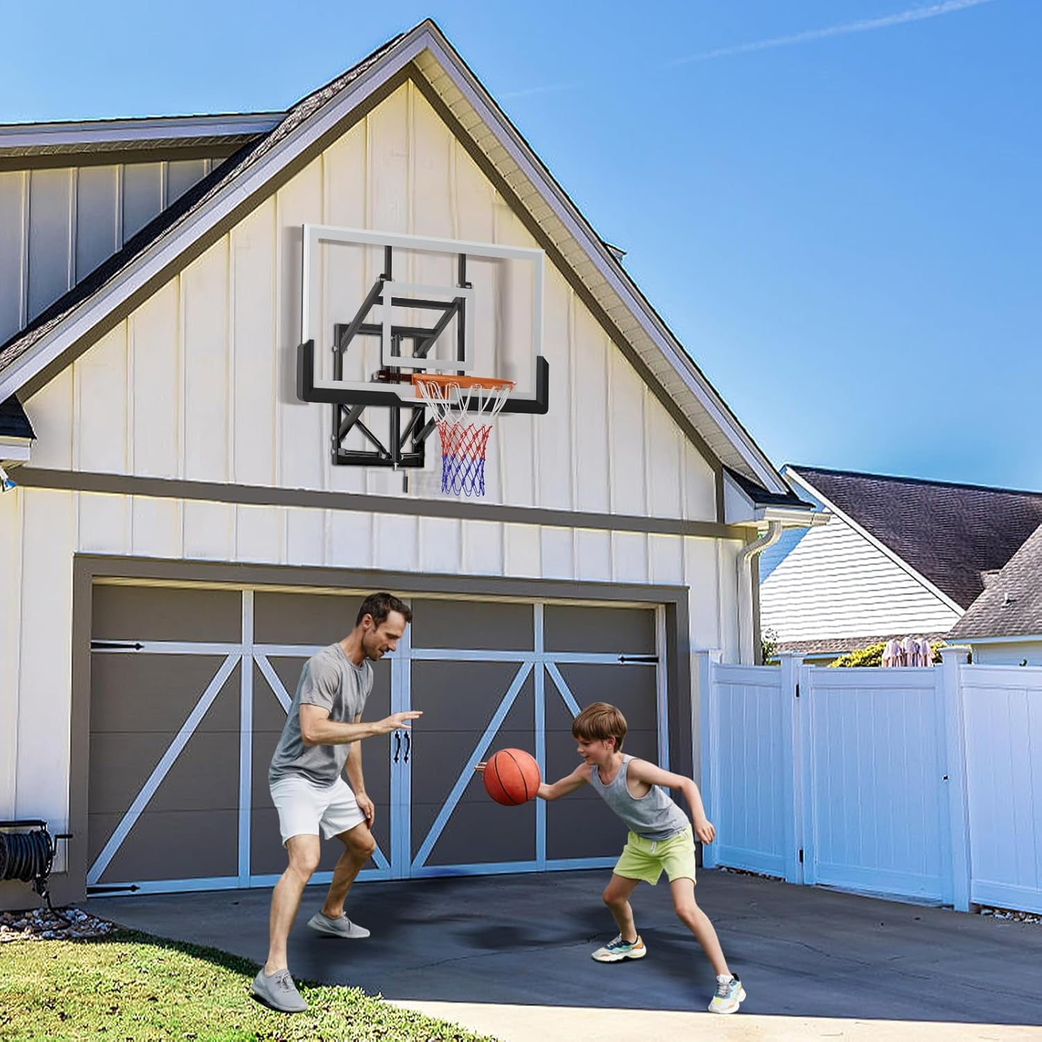Selooye 54 Inch Wall Mounted Basketball Backboard, Adjustable-Height Backboard and Rim Combo, Outdoor Wall Mount Basketball Hoop Fit Most Slanting Roofs