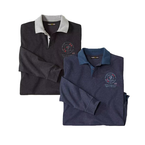 Atlas For Men - Polo de Manga Larga para Hombre - Pack de 2 (Negro, Azul Marino)