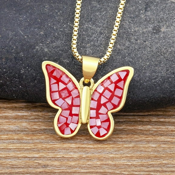 New Arrival Butterfly Shape Inlaid Shell 14K Yellow Gold Pendant Necklace 5 Colors For Women Female Elegant Aesthetic Jewelry Accessories