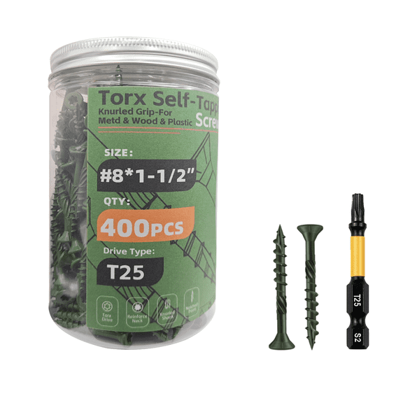 #8*1-1/2" Exterior Wood Screws, 400Pcs Green Knurled Torx Drive Flat Head Countersunk Deck Screws with T25 Drive Bit Included