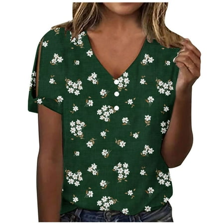 

kakina CMSX Office Shirts for Women Summer Sexy Gradient Print Regular V Neck Short Sleeves Top Plus Beach Tops Army Green XXL