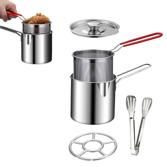 Deep Fryer Pot, Stainless Steel Mini Frying Pot with Basket and Strainer, 5 Piece Set with Handle, Stovetop Oil Fryer for Chicken, Fish and Fries