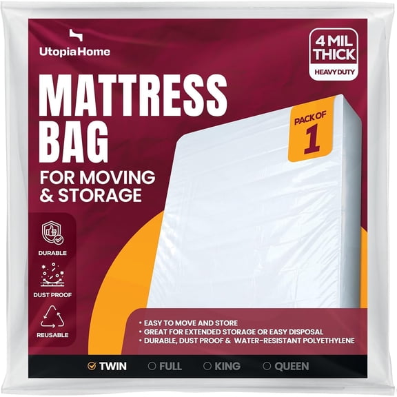 Utopia Home Twin Size Mattress Cover for Moving, 4 Mil Thick Plastic Mattress Bag for Disposal, Mattress Encasement Fits Mattresses up to 14 Inches, Mattress Bags for Moving