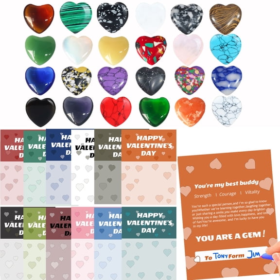 Valentines Day Gem Gifts for Boys Girls - Prefilled Valentine's Day Cards with -24 Heart Shaped Gemstone for School Classroom Class Party Favor Valentine Rock Crystal