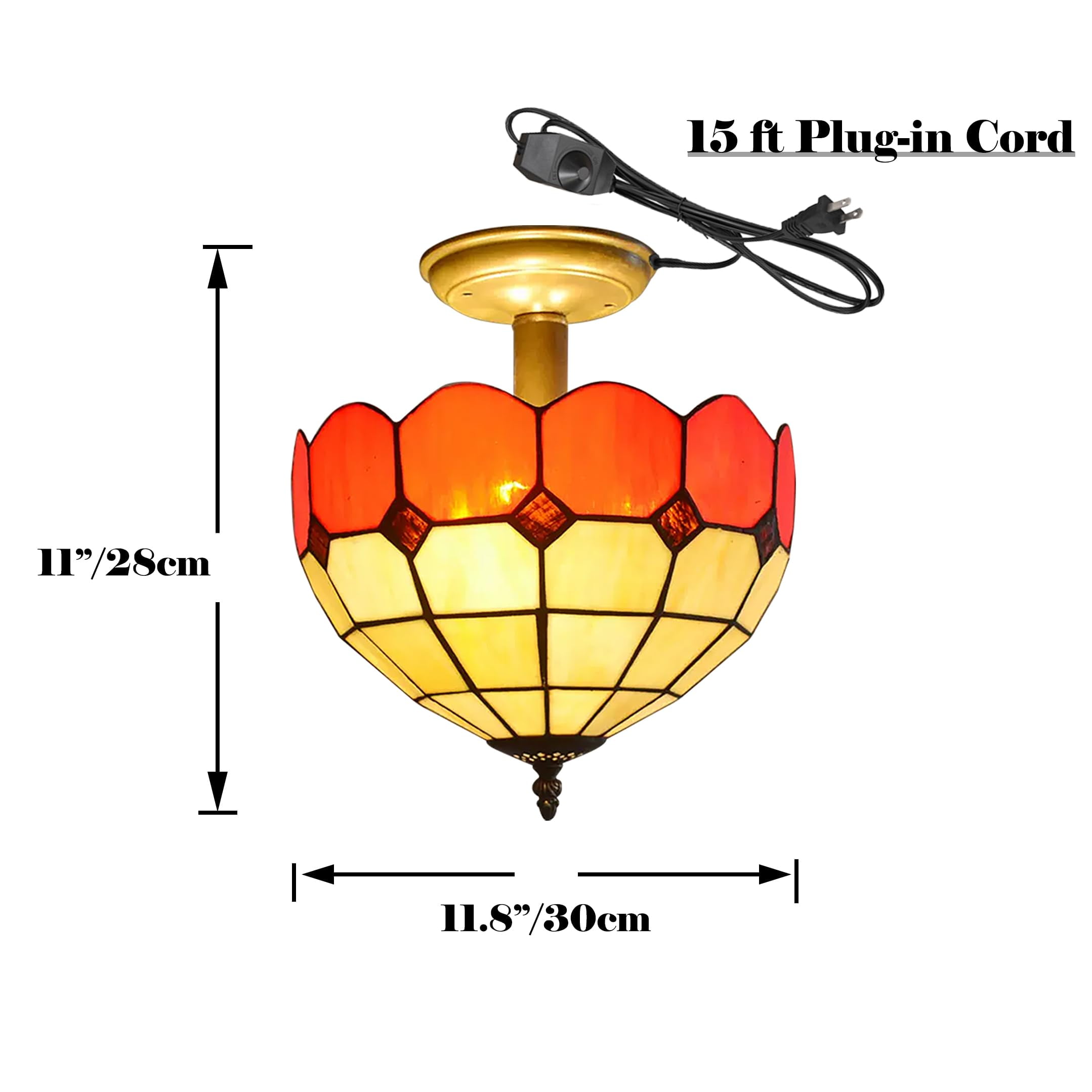 Kiven 11.8in Flush Mount Ceiling Light Fixture Dimmable, 2-Light Anti Glare Close to Ceiling Light with 15FT Plug-in Cord, Tiffany-Style Glass Chandelier for Bedroom Kitchen Hallway(No.3196)
