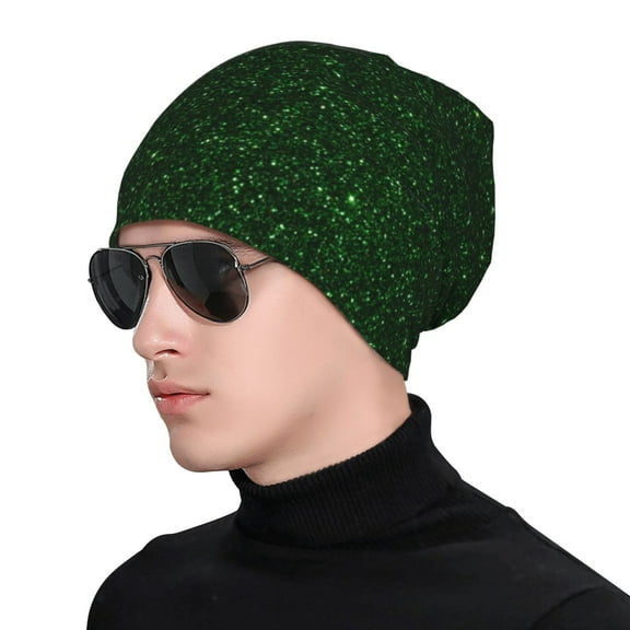 Xecao Emerald Green Sparkling Print Beanie Knitted Hat for Men Women, Winter Fashion Knit Cuffed Caps Unisex