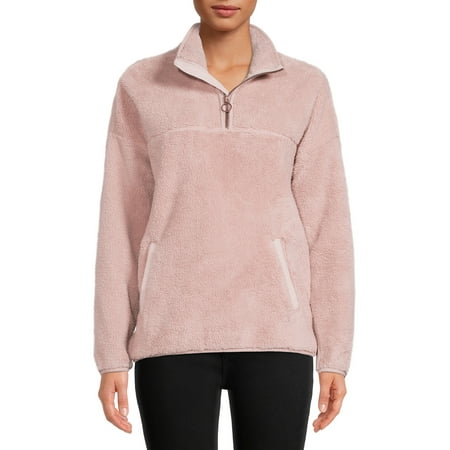 Time and Tru Women's and Plus Faux Sherpa Quarter Zip Pullover Top