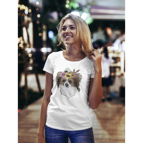 Papilloni Puppy Floral Wreath T-Shirt Women -Image by Shutterstock, Female Medium