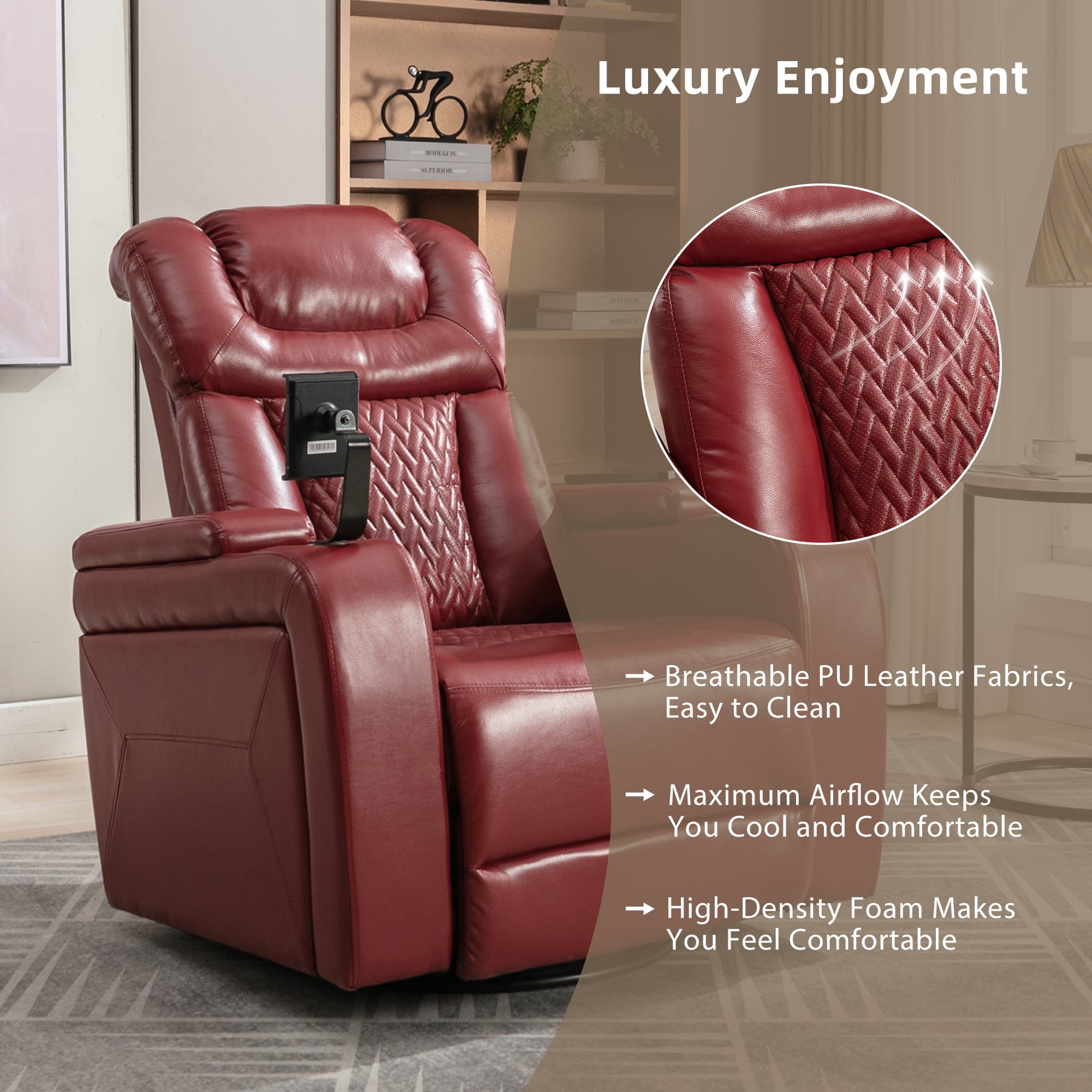 Euroco 270 Degree Swivel PU Leather Power Recliner Individual Seat Home Theater Recliner with Tray Table, Phone Holder, Cup Holder, USB Port, Hidden Arm Storage for Living Room, Red