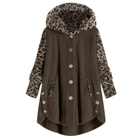 

Winter Coats for Women Leopard Fleece Jacket Long Sleeve Hoodies Sweatshirt Button Casual Warm Fuzzy Overcoat Outwear Pullover