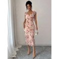 thumbnail image 5 of Orange Womens Romantic Floral Mesh Ruched Midi Dress With Square Neck And Short Puff Sleeves, 5 of 6
