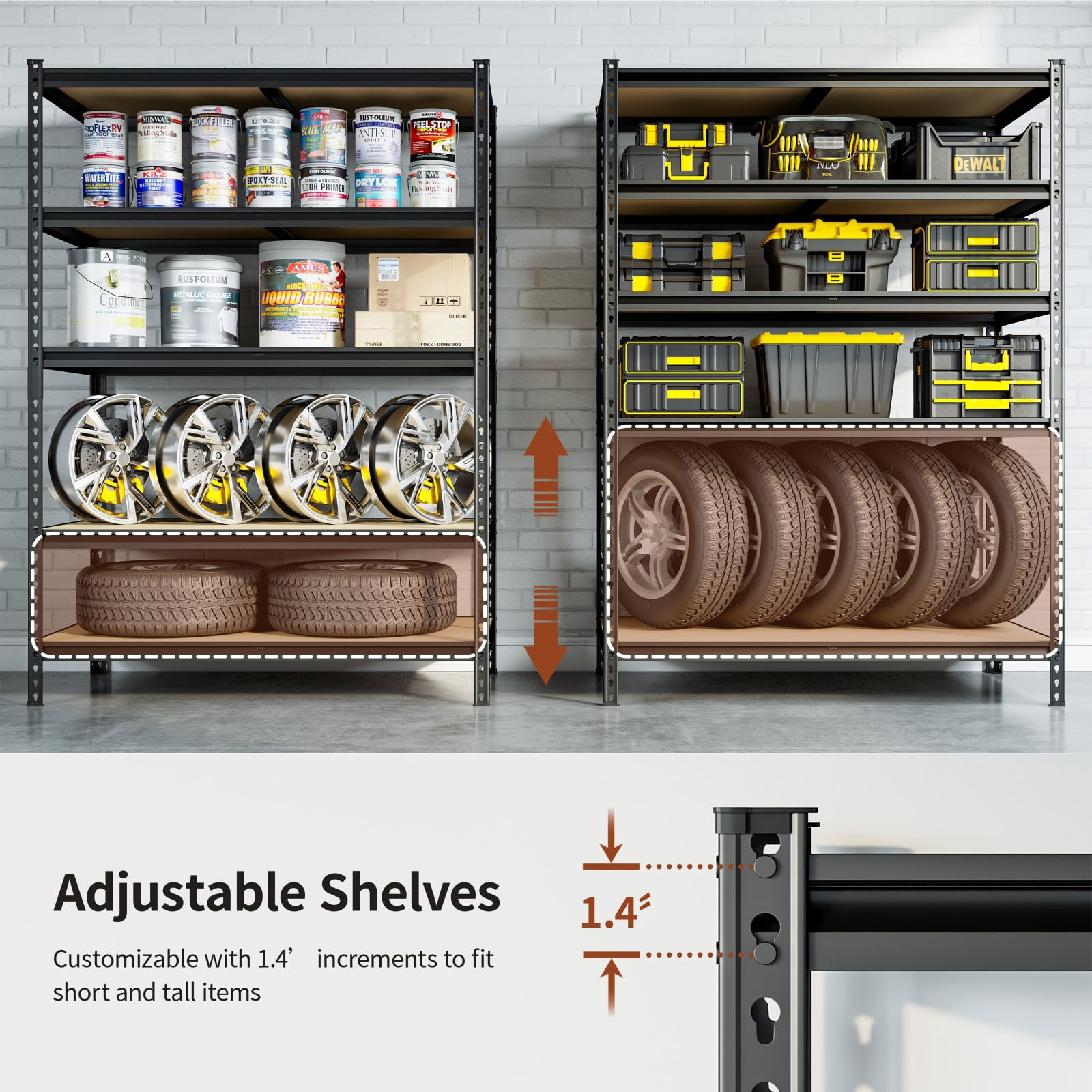 RoomFave Heavy Duty Garage Shelving Unit, 2000LBS Capacity, 5-Tier Adjustable Metal Storage Rack for Basement, Warehouse, Utility Room, 35.5"W x 16"D x 72"H