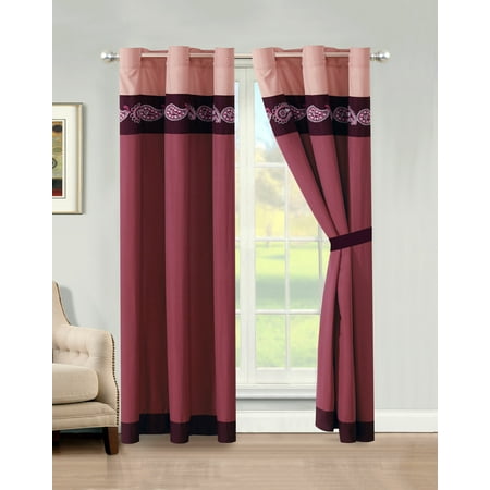 Pink Stripe Curtain 4-Pc Ellery Paisley Floral Embroidery Stripe Curtain Set Purple Rose Pink Drape Sheer Liner ()