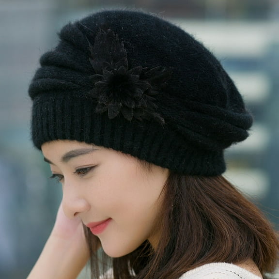 Dyfzdhu Beret Hats for Women Solid Color Knitted Warm Flower Hat Black