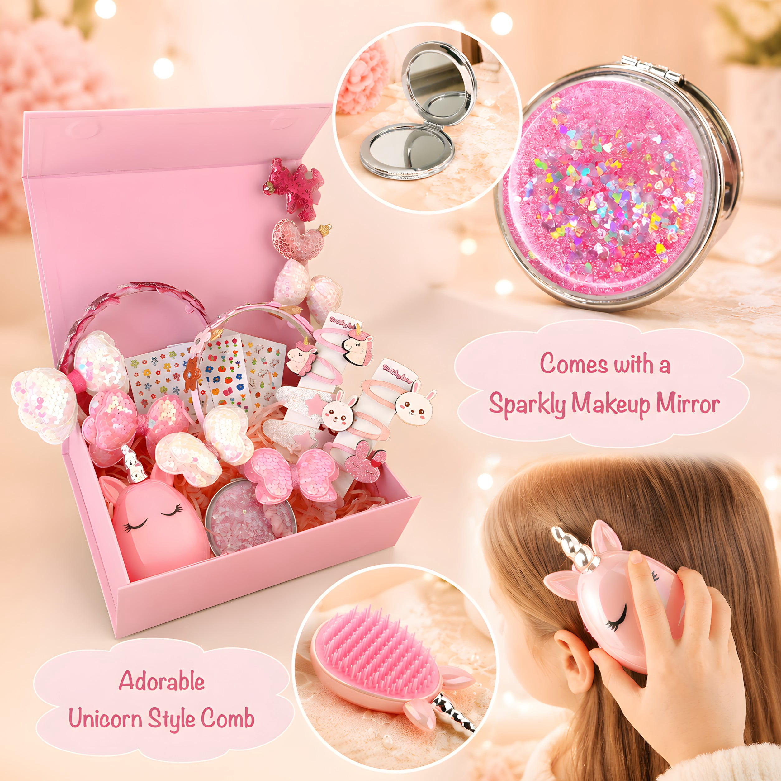 Shelbybox Hair Accessories for Girls Gift Set, 22 Pieces Pink Hair Clips, Barrettes, Ponytail Ties, Bows, Headbands, Mirror & Unicorn Comb, Toddler Hair Set