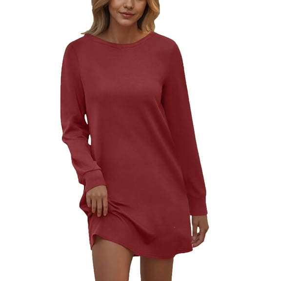 Ashirexll Womens Winter Dresses, Midi Dresses for Women, Ladies Fashion Solid Color Round Neck Back Pleated Pocket Long Sleeve