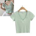thumbnail image 3 of Top de manga corta para mujer, cuello en V, ajustado, tejido de gofre, ropa femenina de algodón para la vida diaria y el trabajo, 3 of 8